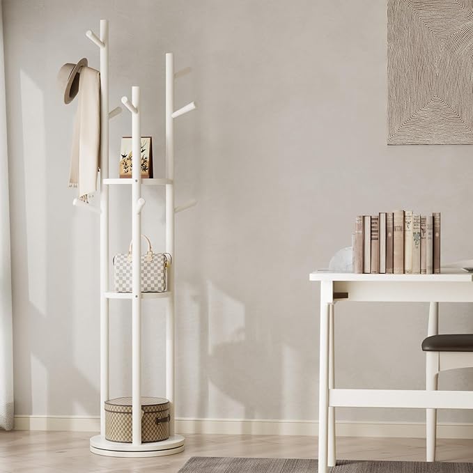 Solid Wood Rotary Coat Rack, Freestanding Coat Rack with 3 Shelves and 9 Hooks, Coat tree for Bedroom, Entryway, Livingroom, Coat Hanger Stand for Coats, Scarves, Handbags (White)