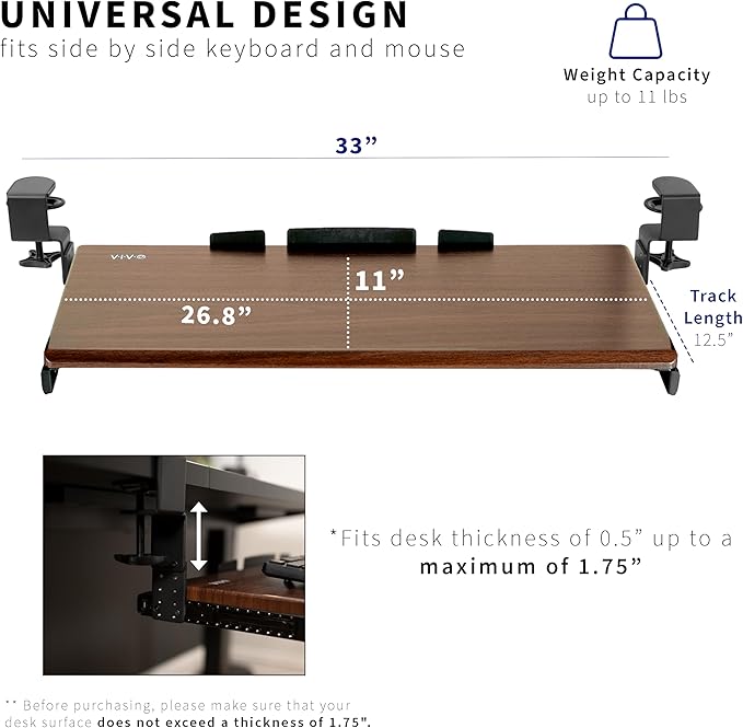 VIVO Large Height Adjustable Under Desk Keyboard Tray, C-clamp Mount System, 27 (33 Including Clamps) x 11 inch Slide-Out Platform Computer Drawer for Typing, Dark Walnut, MOUNT-KB05HD