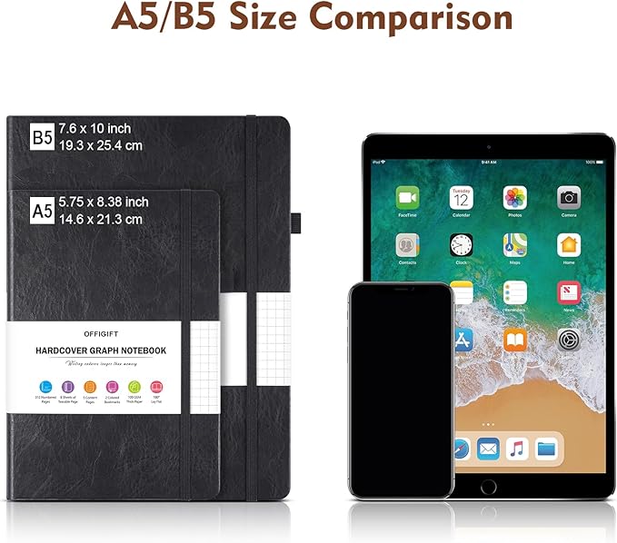 Graph Paper Notebook, 312 Numbered Pages Large B5 Hardcover Leather Journal, 100gsm No Bleed Grid Paper Notebook with Index Pages, Grid Notebook for Graphing Notes Math, 7.6'' X 10'', Brown