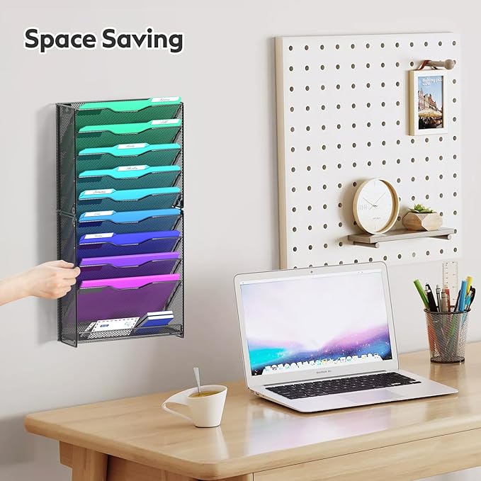 samstar 10 Tier Wall File Organizer, Hanging Wall Mount File Holder Paper Folder Mail Organizer, Mesh Metal, Black.