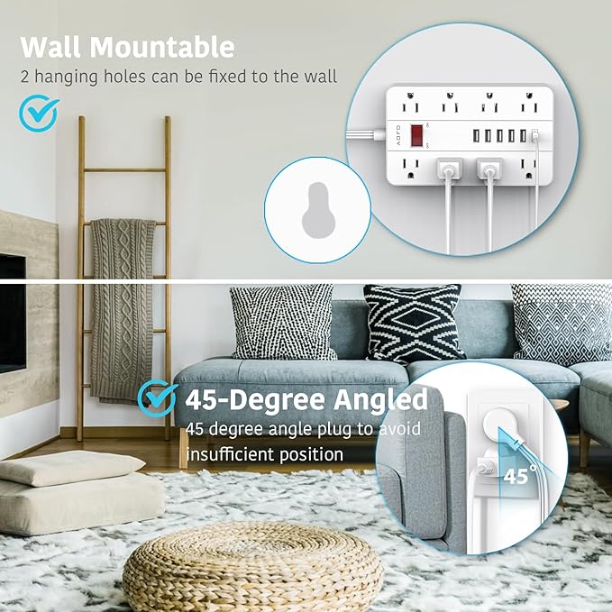 15ft Extension Cord Long Power Strip,AOFO 8 Widely-Spaced Outlets & 6 USB Ports Flat Plug Power Strip,Power Cord for Wall Mountable and Desktop White