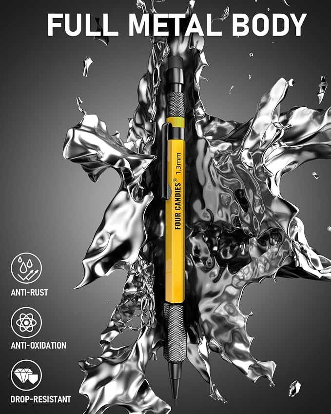 Four Candies 3PCS 1.3mm Mechanical Pencil Set with Case, Metal Heavy Duty Carpenter Pencils with 72 Refill(Red,Black,Yellow) 3Eraser, 16Eraser Refill, Weatherproof Body Outdoor Woodworking Marking