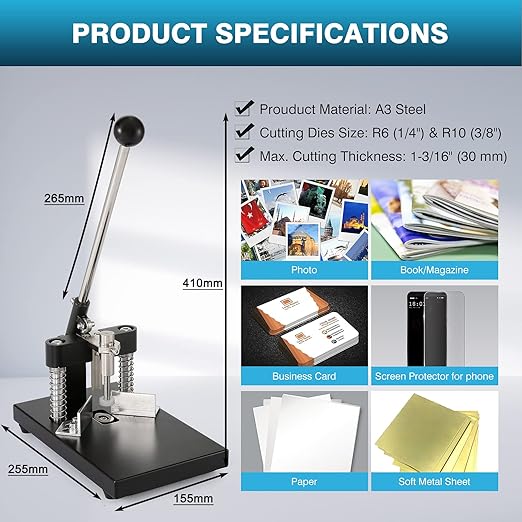 IRONWALLS Corner Rounder Punch Heavy Duty, 1.2”/30mm Thickness Manual Corner Rounder Paper Punch Cutter with R6mm R10mm Interchangeable Dies for Heavy Cardstock, Plastic, Aluminum Sheet