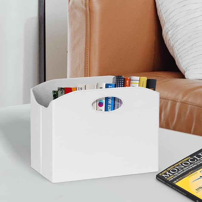 EZDeco Magazine Holder Foldable Magazine Rack Floor PU Leather File Holder Newspaper Book Storage Basket Document File Folder Organizer for Office Home (White-1)