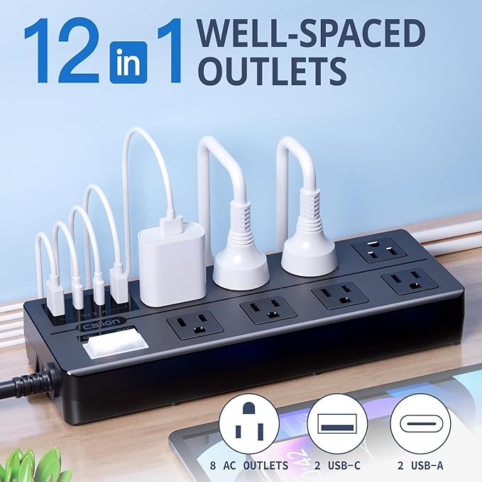IPX6 Outdoor Power Strip Weatherproof, Waterproof Surge Protector with 8 Wide Outlet with 2A2C USB Ports, 15FT Long Extension Cord, Wall Mountable for Outside Decorations and More UL Listed(Black)