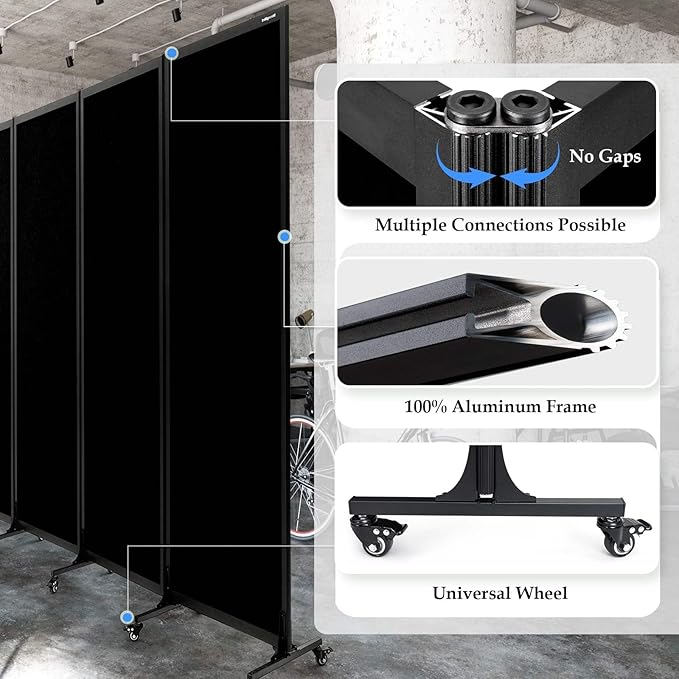 Upgrade Version Room Partition and Divider, Freestanding Rolling Dividers with Wheels,Office Privacy Screen Divider Wall,Classroom Felt Dividers,10'6"L* 6'7"H,5 Panel,Black