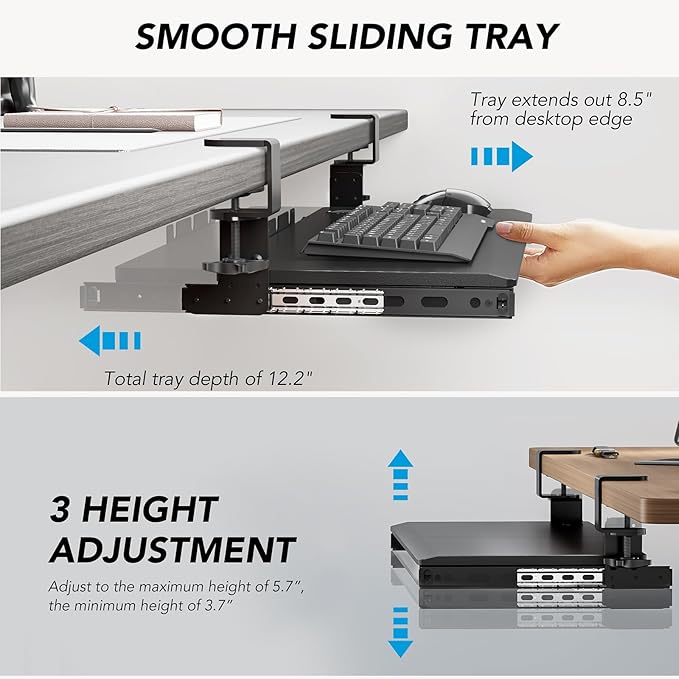 Keyboard Tray Under Desk Pull Out with Extra Sturdy C Clamp Mount System, 27.3 (32.5 inch Including Clamps) x 11 Inch Slide-Out Platform Computer Drawer for Typing Black AX01WB01