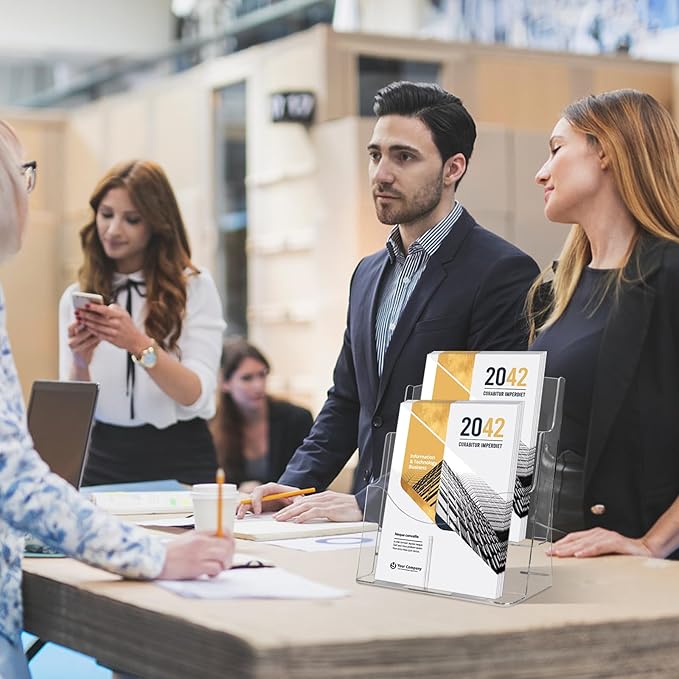 2 Pack Acrylic Brochure Holder 8.5 x 11 in, 2 Tier Brochure Display Stand with Removable Divider for 4 x 9 in Trifold Pamphlets, acrylic flyer holder 8.5 x 11 Stands for Flyer, Pamphlet, Magazine