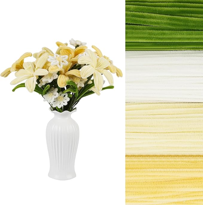 400 Pcs Pipe Cleaners Craft Set，4 Colors Chenille Stems Bulk with Floral Wires, Gardening Tape,Hot Glue Stick,Greeting Card,Bouquet Paper, Stamen & Ribbon, Flowers Craft kit for DIY Handmade Bouquet