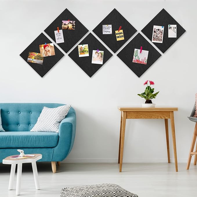 AKTOP Black Cork Bulletin Board 12x12, 1/2" Thick Felt Cork Board Tiles 12 Pack, Small Square Pin Board for Wall, Self Adhesive Corkboards with 120 Push Pin Wood Clips for School, Home & Office