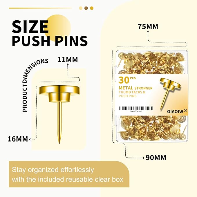 30 PCS Metal Gold Push Pins for Wall Clear Thumb Tacks for Walls Flat thumbtacks Push pin for Bulletin Board Shadow Box Display Thumbtack for Cork Board (Gold)