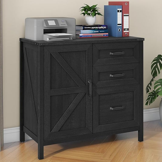 Lateral File Cabinet with 3 Drawers, Farmhouse File Cabinet for Letter/A4 Size Hanging Files, Large Wood File Storage Cabinets Printer Stand for Home Office Furniture, Black