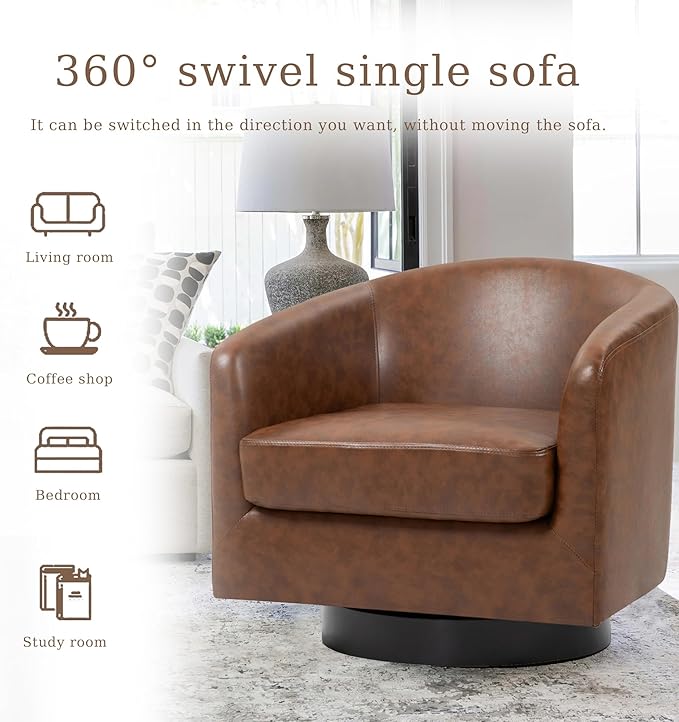 UIXE Faux Leather Swivel Accent Chair with Wood Base, Modern Upholstered Barrel Chairs for Living Room, Comfy Round Armchair Single Sofa Bedroom Reading Seat - 31" W, Coffee