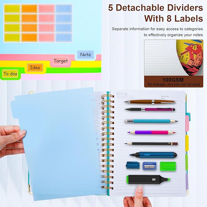 Hardcover Spiral Notebook 8"x10" Journal Notebook with Tabs and Removable Dividers 300 Pages 5 Subject Notebook College Ruled, Faux Leather Spiral Bound Notebook for Women, Students, School Work (Brown)