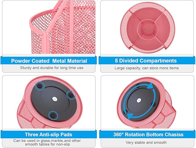 Sturdy Rotating Pen Holder, Cute Metal Pencil Holder, Large Mesh Pen Organizer for Desk, Premium Friendly Office Desk Accessories & Workspace Organizers, Pink