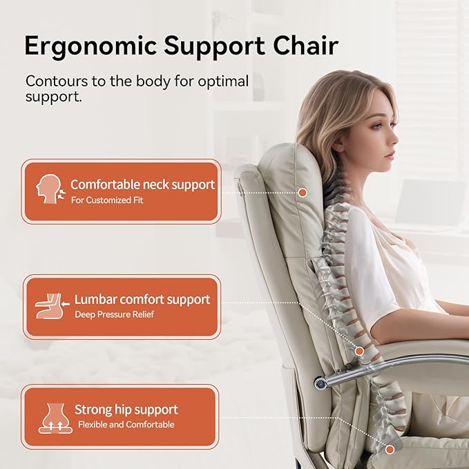 LEAGOO Office Chair with Foot Rest, Ergonomic Executive Office Chair with Arms, Reclining High Back PU Leather Comfy Swivel Computer Desk Chairs with Wheels and Lumbar Support for Home Office, Cream
