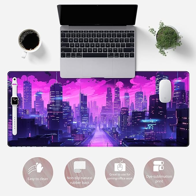 Desk Pad Cyberpunk Purple Desk Mat City Skyline Gaming Extended Mouse Pad Big Office Keyboard Pc Laptop for Women Large Mousepad with Stitched Eges Non-Slip Base Mouse Keyboard Mat 31.5x11.8 in