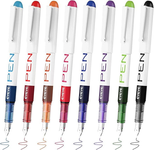 EYEYE Fountain Pens for Writing, 8 Pack Assorted Colors Fine Point Disposable Fountain Pens Stainless Steel Nib, Smooth Writing for Calligraphy, Journaling, Drafting, Sketching, Doodling & Gifts