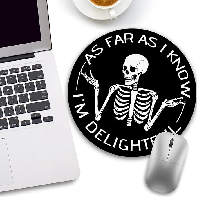 Skeleton Round Mouse Pad, Black Funny Small Mouse Pad with Non-Slip Rubber Base, Desk Mousepad for Wireless Mouse, Gaming Mouse Mat for Computer Laptop Office Women Men, 8.6 x 8.6 Inch
