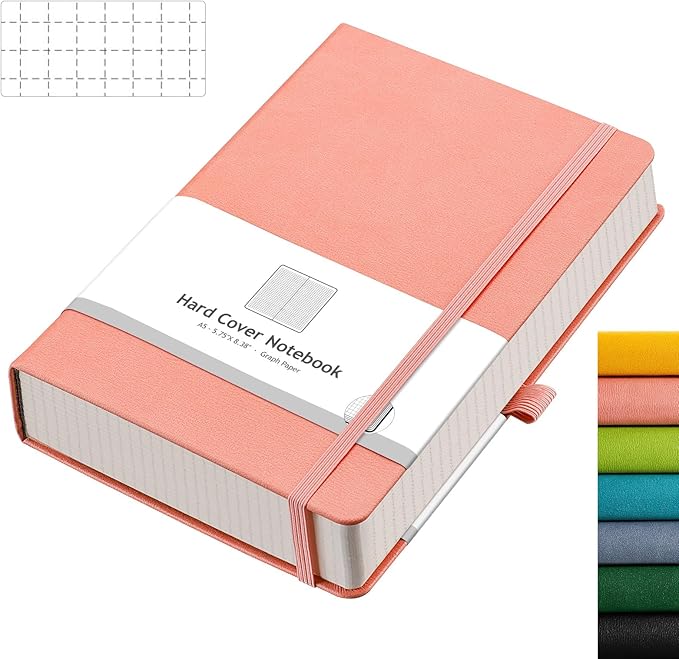 AHGXG Graph Paper Notebook - 320 Pages Grid Notebook Thick Journal A5, 100gsm Thick Graph Paper, Leather Hardcover, Inner Pocket,5.75'' × 8.38''- Pink