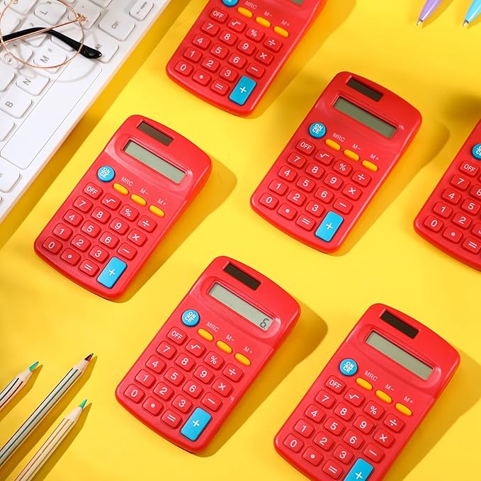 24 Pieces Basic Calculators for Students Small Pocket Size 8 Digit Display Mini Calculators Dual Powered Handheld for School Desktop Home(Red)