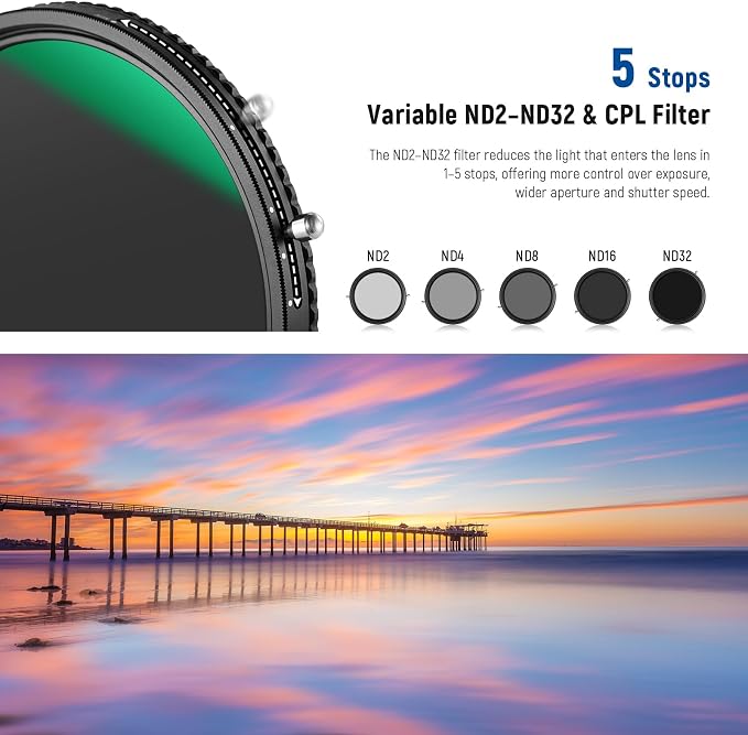 NEEWER 2 in 1 62mm Variable ND Filter ND2–ND32&CPL Filter No X Cross/30 Layer - Image 5