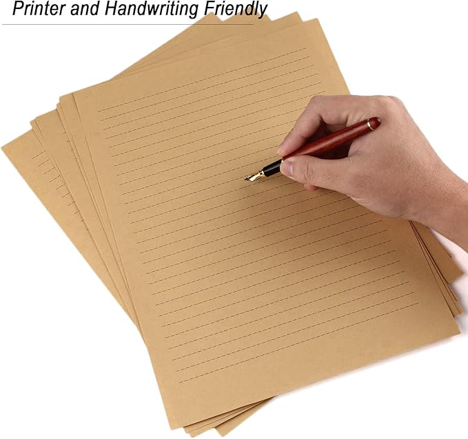 100pcs Vintage Kraft Stationary Paper 8.3 x 11.5 inch, A4 Sheets 120gsm Printable Lined Stationery Writing Letter Papers Bulk Set for Personalized Letters, Creative Poems, Lyrics, Office Notes