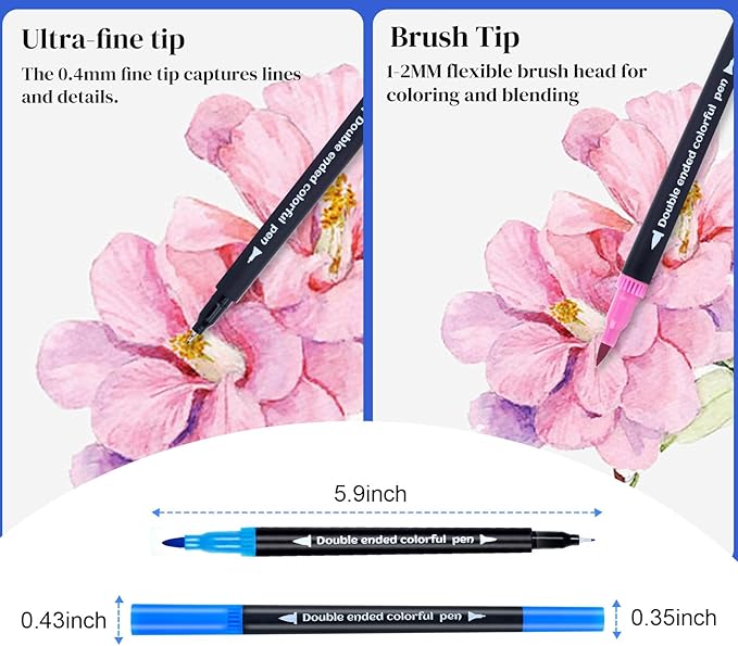 24 Colored Dual Tip Markers Fine & Brush Pens - No Bleeding, Coloring Markers for Adult, Sketching, Drawing, Journaling Art Marker Set