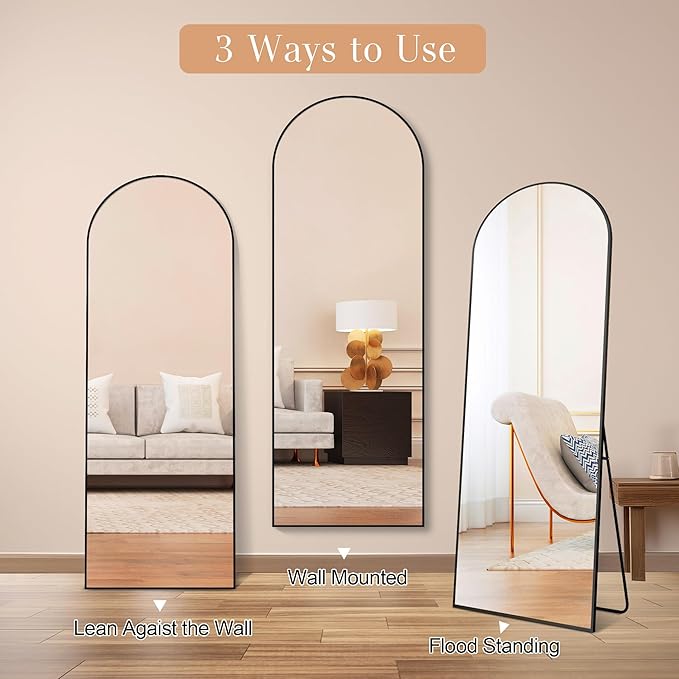 64"x21" Arched Full Length Mirror, Elegant Full Body Mirror with Stand for Bedroom & Cloakroom, Black