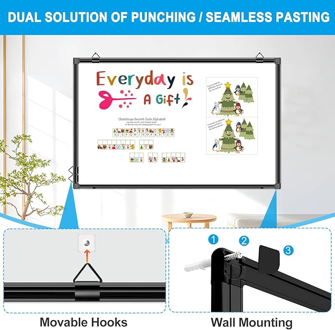 H-Qprobd 48"x24" Magnetic White Board Dry Erase Wall Mount Whiteboard - Office Home Classrooms White Board Hanging Writing Board with Black Aluminum Frame