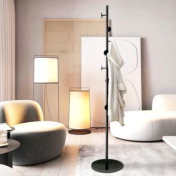 Coat Tree Freestanding, Metal Coat Rack Tree with 8 Hooks, Free Standing Hanger for Hats Scarves Purses Umbrellas, Coat Stands with Stable Base for Entryway Bedroom, Black