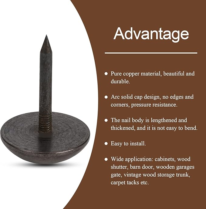 Retro Solid Pure Brass Tacks as Antique Upholstery Nails for Furniture, Decorative Push Pins for Wood,Carpet Tacks,Hardware Tacks,Cap Nails,Thumb Tacks，Brass Fasteners（7/10",18mm Black Color,10 Pcs)