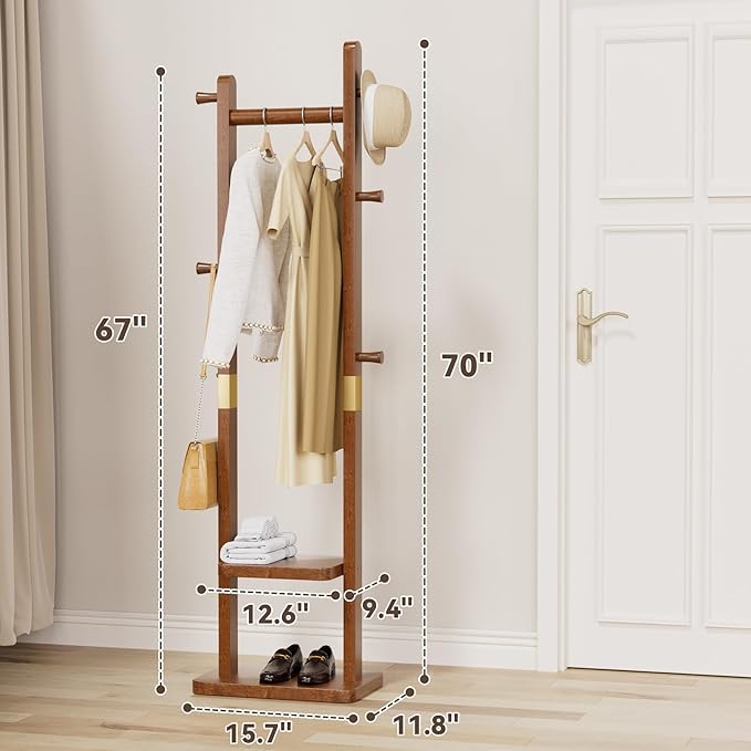Solid Wood Coat Rack, Coat Rack Freestanding with 2 Shelves and 5 Hooks, Heavy Duty Coat Tree for Entryway，Living room，Coat Hanger Stand for Hats, Bags (Walnut Brown)