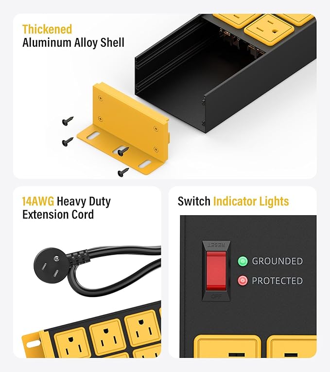 HHSOET 2 Pack Heavy Duty Power Strip 8 Outlets, Metal Wall Mount Outlet Strip 4800J Surge Protector, Garage Shop Under Desk Mountable 6FT Extension Cord Plug, ETL Listed