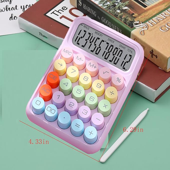 Colorful Calculator, Candy-Colored Electronic Desktop Calculators with 12Digit Large LCD Display and Big Round Buttons, Typewriter-Inspired Mechanical Key Calculator for Office,School, Home, Business