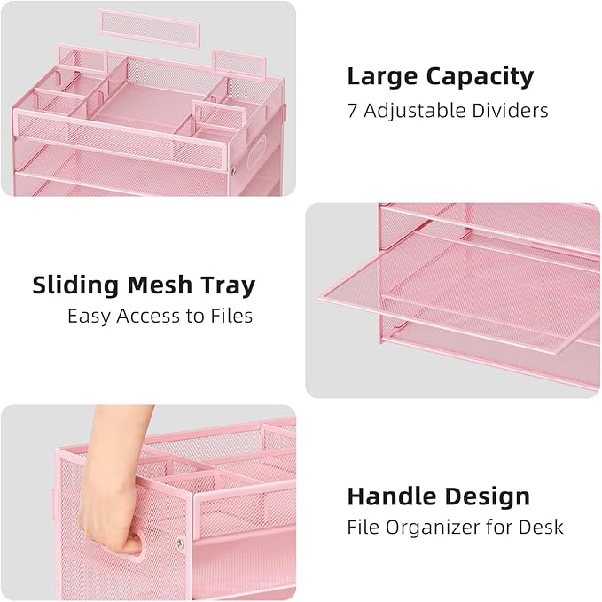 Marbrasse 5-Tier Letter Tray Paper Organizer with Handle, Multi-Functional Mesh File Organizer for Desk, Adjustable Compartments Mesh Desktop Storage for Office Supplies, Pink