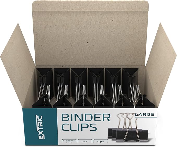 EXTRIC Binder Clips - 60 Pack, 2 Inch Black, Large, Tempered Steel Paper Clamps for Home, Office and School Supplies