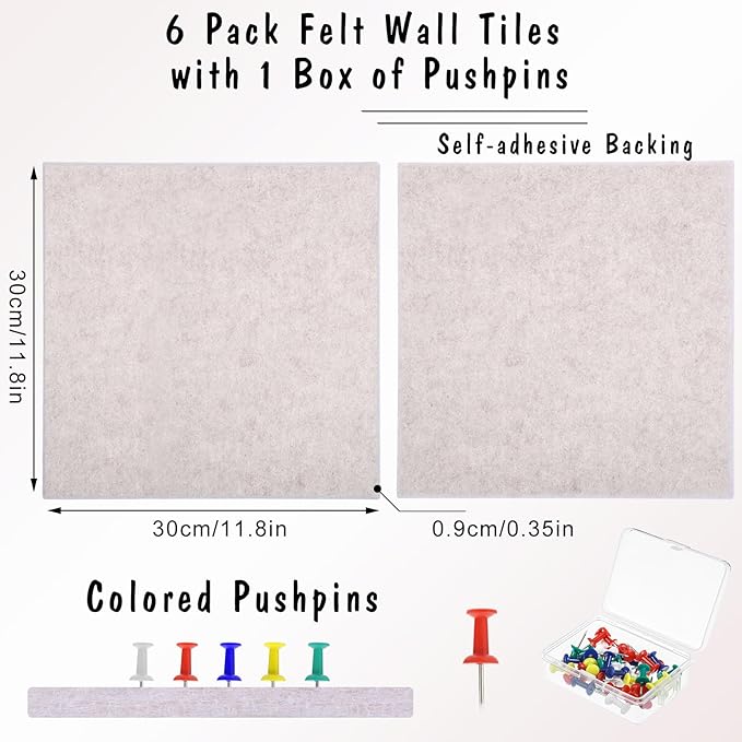 Large Cork Board 36" x 24", 6 Pack Felt Wall Tiles with Colored Pushpins, Bulletin Board with Removable Self-Adhesive Strips, Pin Board Cork Boards for Walls Office Home-Light Tan