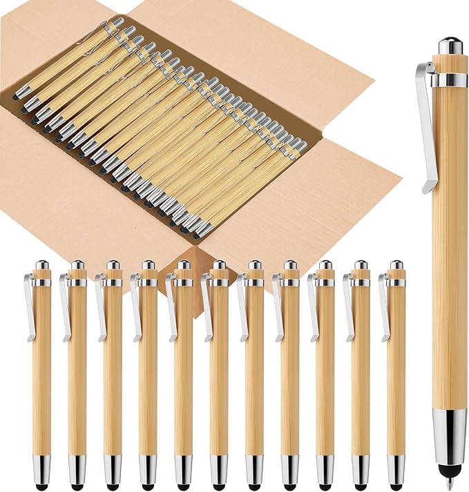 100pcs Bamboo Pens Bulk 2-in-1 Stylus Tip Wooden Bamboo Pens Engraving Wooden Ballpoint Pen Customizable Gift Pen Bulk