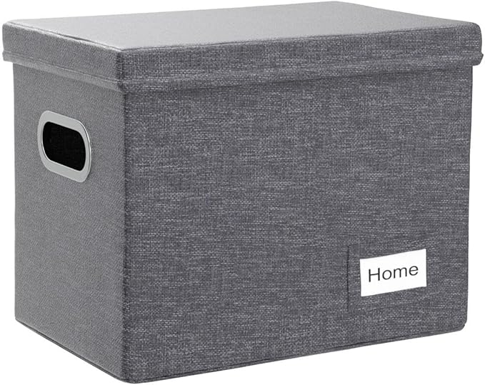PRANDOM File Organizer Box - Set of 2 Collapsible Decorative Linen Filing Storage Hanging File Folders with Lids Office Cabinet Letter Size Grey (14x9.3x10.8 inch)