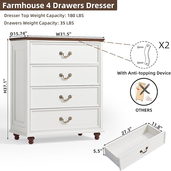 Farmhouse 4 Drawer Dresser Set of 2 for Bedroom, 37" Tall Rustic Chests of Drawers w/ 4 Solid Wood Feet, Mid Century Vintage Wooden Closet Storage Dressers Organizer for Living Room, White