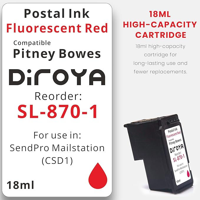 SL-870-1 Ink Cartridge 18ML High Yield Replacement for Pitney Bowes SendPro Mailstation Fluorescent Red Postage Ink (CSD1) (1 Pack)