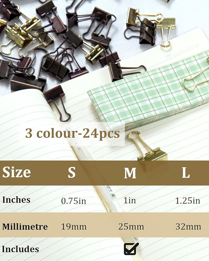 Standard Binder Clips 1in 24-Pack - Bronze Office Clips for Documents & Crafts
