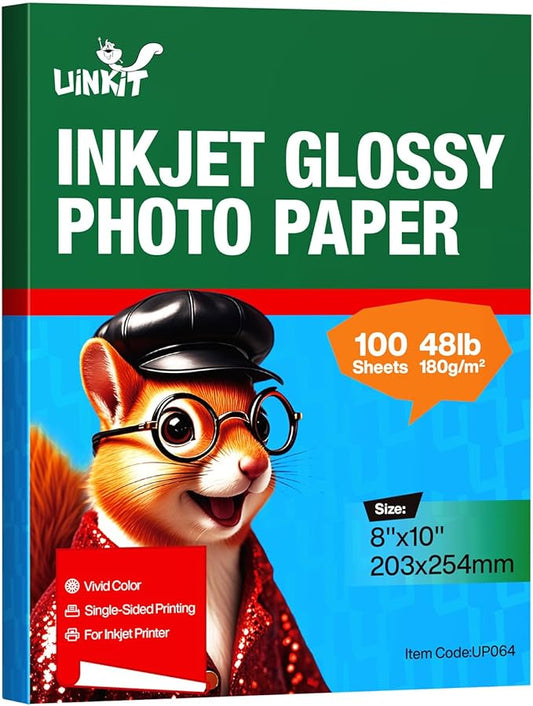 Uinkit Premium Glossy Inkjet Photo Paper - 8x10 Inch, 48lb 180gsm, 100 Sheets - Professional Photographic Quality, Dye Ink Compatible, High-Gloss Finish for Vivid Photos & Sharp Details