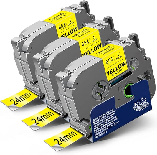 24mm 0.94 Laminated Black on Yellow Compatible with P Touch Label Tape TZ TZe-651 TZe651 Refills for Ptouch PT-D600 PT-D600VP PT-D610BT Label Maker, 1 in x 26.2 Ft, 3-Pack