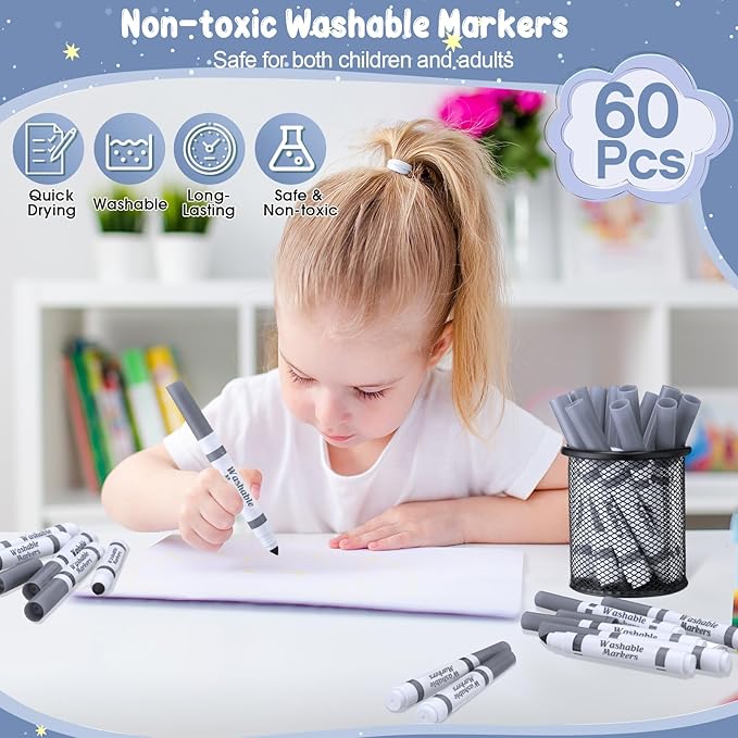 Janlaugh 60 Pcs Gray Washable Markers Bulk Coloring Broad Line Markers for Kids Conical Tip Gray Drawing Pens for Classroom Back to School Travel Art Baby Shower Gender Reveal Supplies, Ages 6+
