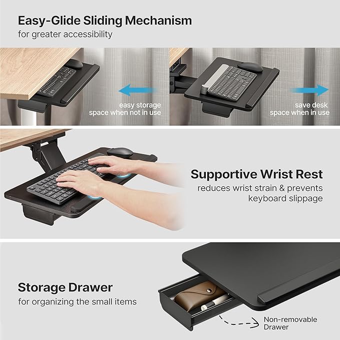 Keyboard Tray Under Desk with Storage Drawer, Height Adjustable Keyboard Tray Slide Out Swivel Tilt, Ergonomic Under Desk Mount Keyboard & Mouse Holder for Gaming Home Office, 25x11'', Black