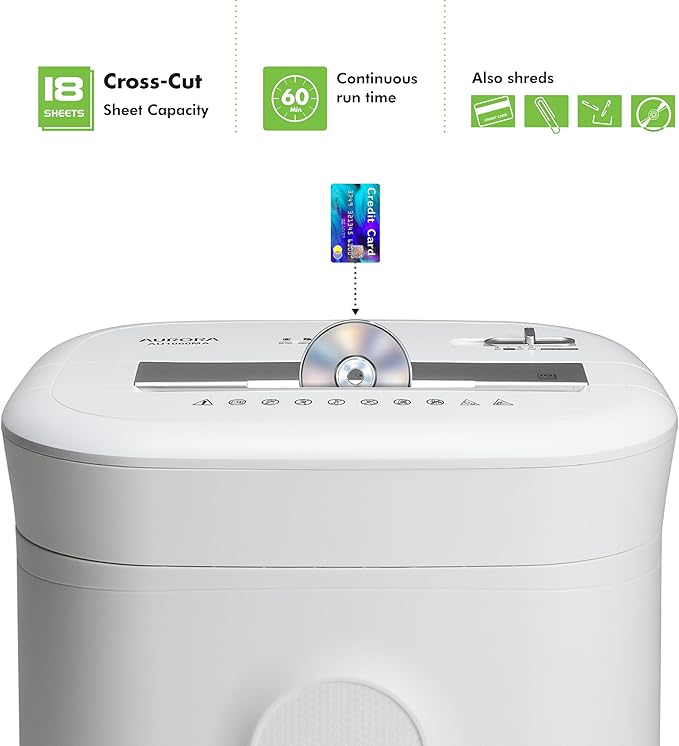 Aurora AU1802XA Anti-Jam 18-Sheet Crosscut Paper and CD/Credit Card Shredder/ 6-Gallon Pullout Basket / 60 Minutes Run Time