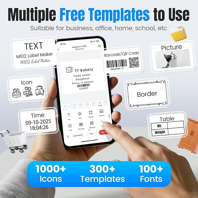 Label Maker, M102 Label Printer Bluetooth Label Machine with Tapes 1000+ Icons 300+Templates for Small Business, Office, Home, Kid School Items, Black