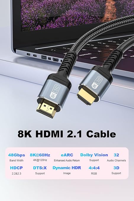 8K HDMI 2.1 Cable 10ft, 48Gbps Ultra High Speed HDMI Cable Braided, Dynamic HDR - Image 2